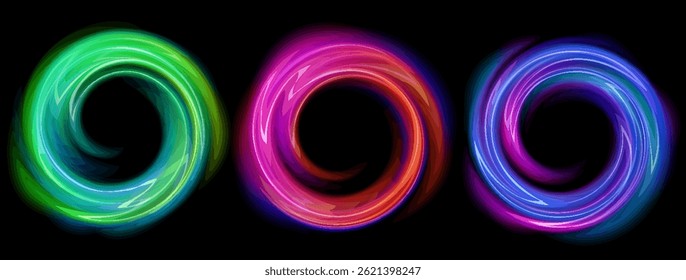 Set of bright neon frames swirl shape with wavy dynamic lines isolated on black background. Abstract background. Stock vector futuristic design elements for badges, tags and labels.