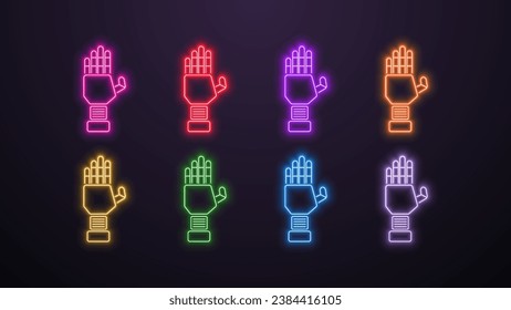 A set of bright neon glowing robot arms in different colors on a dark background. Logo for artificial intelligence.