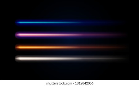 Conjunto de líneas horizontales de neón brillantes, elementos de diseño brillante futurista sobre fondo oscuro en colores diferentes