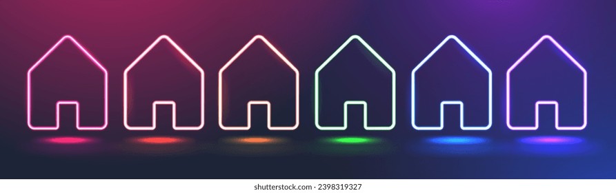 Set of bright neon house icons of different colors. Glowing linear home signs.