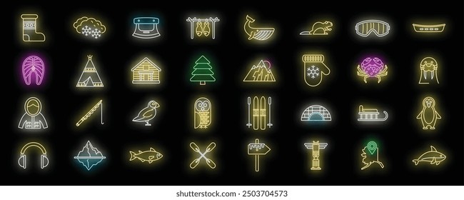 Set of bright neon icons depicting activities, wildlife, and culture associated with arctic exploration and inuit life