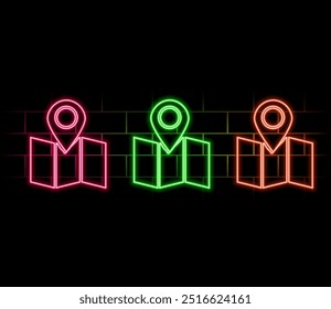 Set of bright neon marker location of different direction. Glowing linear map pins. Vector icon Illustration.