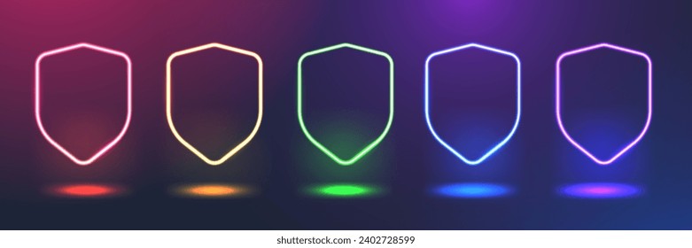 Set of bright neon shields icons of different colors. Glowing linear shield signs. Vector Illustration