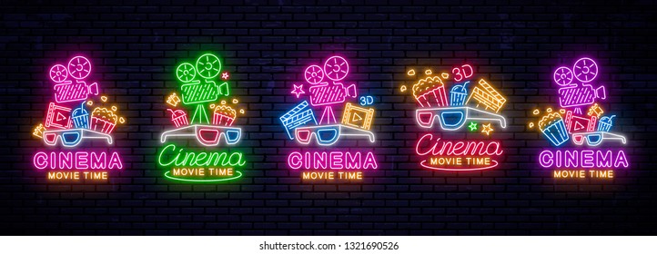 Set of bright neon signs for the cinema. Vector illustration