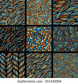 Set of bright nine seamless patterns, wave background, vector illustration