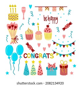 A set of bright objects for a birthday, a holiday. Cupcakes, flowers, balloons, candies and more. Vector illustration.