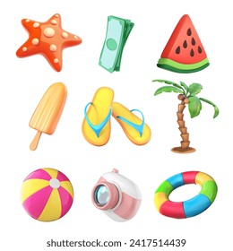 A set of bright objects for travel or summer vacation on a white background. Vector illustration