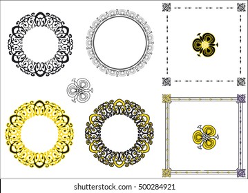 A set of bright orange and black round and square patterned antique frames or graphic elements for your design