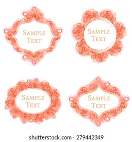 Set of bright orange spiral element frames of 4 different shapes with text space .