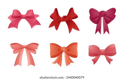 Set of bright orange-pink-red gradient ribbon bow. Collection of ribbon bows with volume. Vector