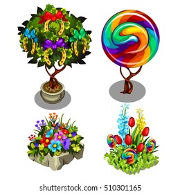 A set of bright ornate plants and flowers isolated on white background. Multicolored topiary and bonsai. Vector illustration.
