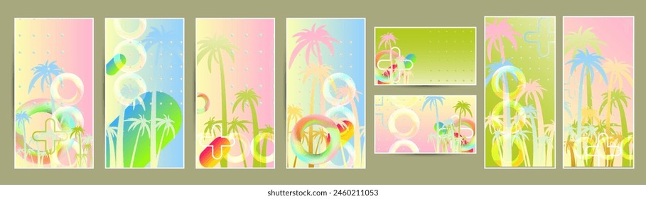 Set Bright palm trees summer backgrounds colorful 3d holiday vector illustration. Set Comfortable backgrounds graphic design poster flyer leaflet party