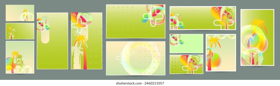 Set Bright palm trees summer backgrounds colorful 3d holiday vector illustration. Set Comfortable backgrounds graphic design poster flyer leaflet party