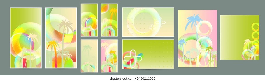 Set Helle Palmen Sommer Hintergründe bunte 3D Urlaub Vektorillustration. Set Bequeme Hintergründe Grafikdesign Poster Flyer Faltblatt Party