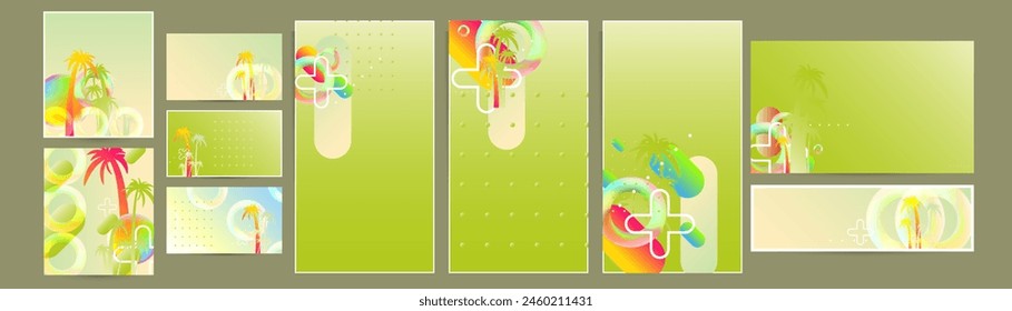 Conjunto de palmeras brillantes fondos de verano colorido 3d Ilustración vectorial de vacaciones. Conjunto de fondos cómodos Diseño gráfico póster flyer fiesta de folletos
