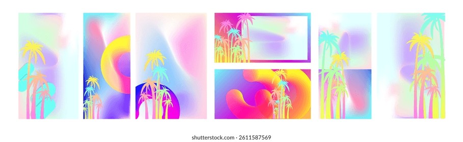 Set Bright palm trees summer backgrounds colorful 3d holiday vector illustration. Comfortable background graphic design poster flyer leaflet party