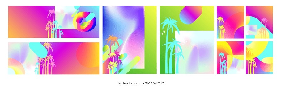 Set Bright palm trees summer backgrounds colorful 3d holiday vector illustration. Comfortable background graphic design poster flyer leaflet party