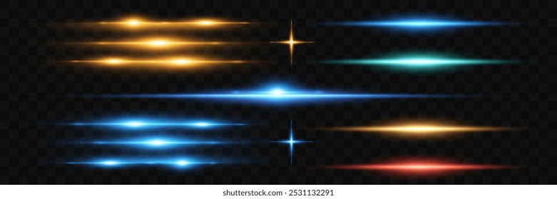 Conjunto de partículas brillantes. Destello de luz y velocidad.
Luces ardientes, estrellas, láseres. Velocidad ​​efecto. Líneas de luz. Vector.