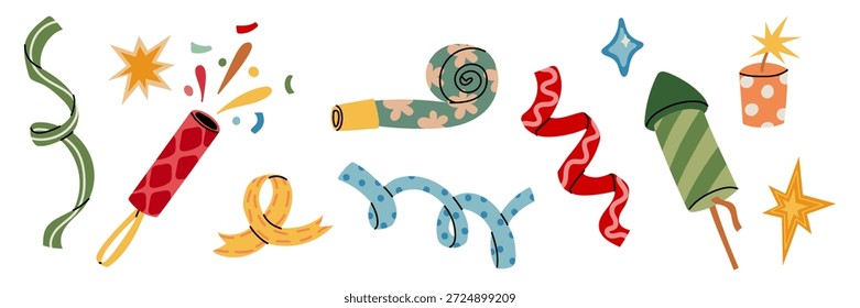 set of bright party decorations with a flat outline, festive ribbons, streamers, and fireworks with drawings. collection of graphic materials for celebrating birthdays, carnivals, or festive occasions