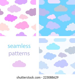 Set of bright and pastel simple seamless backgrounds with colorful cartoon-like clouds