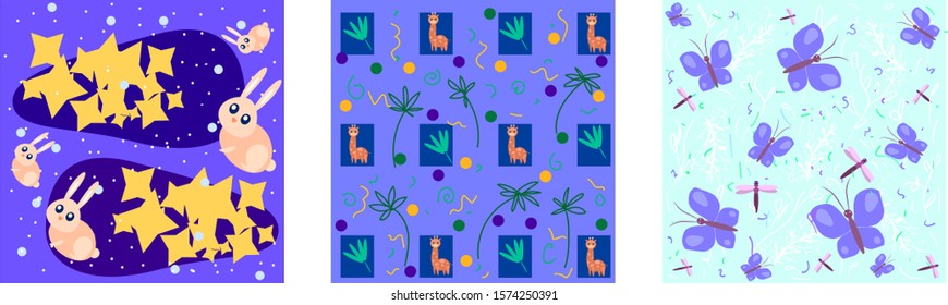 Set of bright pattern with animals and butterflies.
