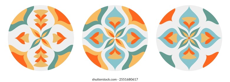 Set of bright patterns of abstract shapes in oriental style. Flat vector elements isolated white background. Several beautiful asymmetrical compositions. Graphic oriental print for ornament, embroider