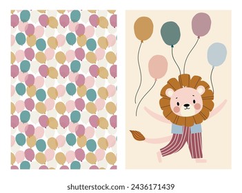 Conjunto de patrones brillantes con globos y león. León aislado con pelotas. Cumpleaños. Circo.