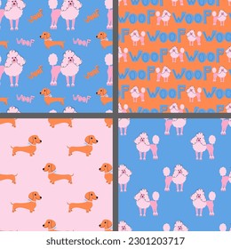 A set of bright patterns with dogs. Seamless vector pattern with dachshunds and poodles.