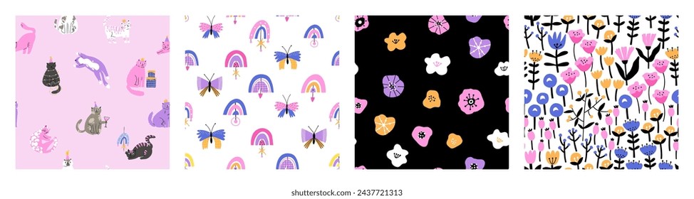 Un conjunto de patrones brillantes con motivos de primavera. Flores, gatos, arco iris, mariposas. Ilustración vectorial en estilo plano.