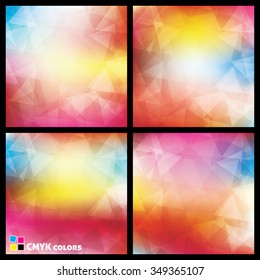Set of bright patterns textured by triangles. Colorful vector backgrounds. CMYK colors