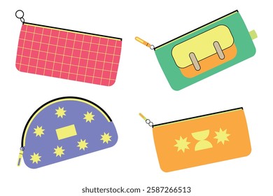  Set of bright pencil cases. Collection of school pencil cases. Vector illustration in flat style.