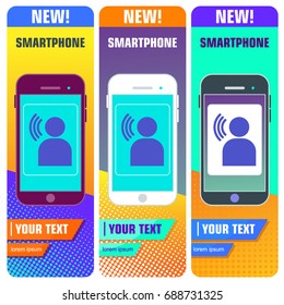 Set of bright phone banners. Flat vector cartoon illustration. Objects isolated on a white background.