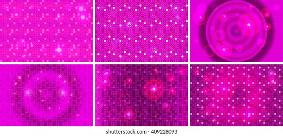 set of Bright pink background image with a round pixel grid, flares and flashes. Vector illustration. For use in printing, flyer design, wallpaper, presentations. 