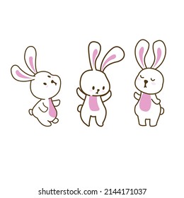 A set of bright pink bunny. Rabbit facial expression and gesture illustration.