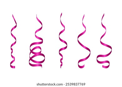 Set Of Bright Pink Curly Ribbons Isolated On White Background. Vector Illustration