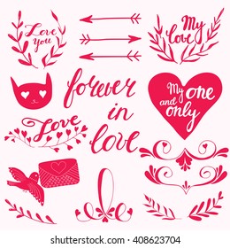 Set of bright pink decorative elements Love signs for wedding cards' decoration. Elements for Valentine Day cards.