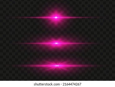Set of bright pink flashes, lights and sparks on a transparent background. Abstract flash with glowing line, sunrise, shining pink stars. Ray shining border. Vector illustration