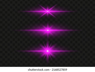 Conjunto de destellos rosas brillantes, luces y chispas sobre un fondo transparente. Flash con línea brillante.