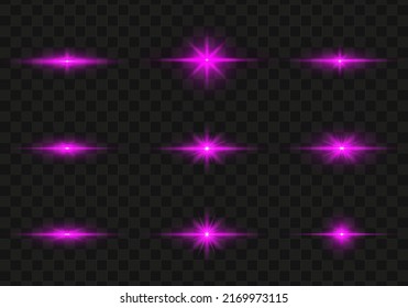 Conjunto de destellos rosas brillantes, luces y chispas sobre un fondo transparente. Resumen flash con línea brillante, amanecer, brillantes estrellas rosas. Ray brilla la frontera. Ilustración del vector