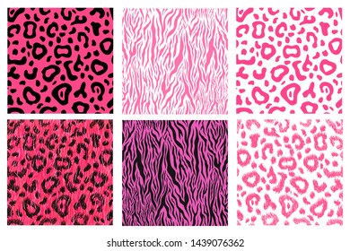 Set of bright pink realistic leopard and tiger skin, detailed seamless patterns isolated on white