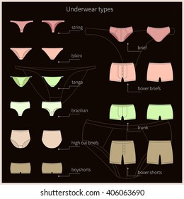 Set of bright plane simple men`s and women`s underwear. Vector.