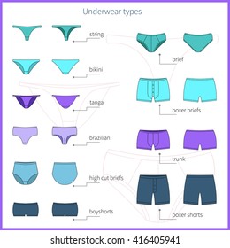 Set of bright plane simple men`s and women`s underwear. Vector.