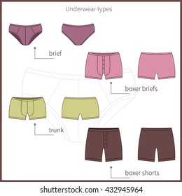 Set of bright plane simple men`s underwear in front and back views. Vector.