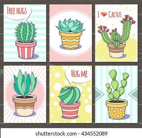 set of bright plants cards; beautiful summer posters, banners with cactus and succulents, pots, green home flowers; free hugs with cacti joke vector illustration; hand drawn cute sketch style