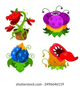 Set of bright plants - monsters in a cartoon style.Vector illustration of colored carnivorous flowers with green leaves, different types and sizes, in a pot and without,isolated on a white background.