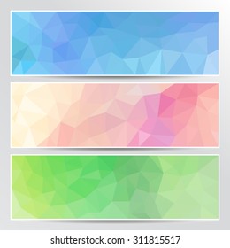 Set of bright polygon style geometric banners. Collection of background patterns and headers in green, purple, pink and blue color.