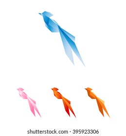 set of bright polygonal birds on a white background