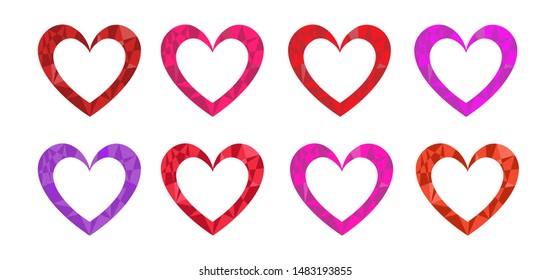 Set of bright polygonal frame hearts, halftone pink, red, orange and purple decoration elements. Vector illustration. Usable for posters, cards, invitations, social media and web banners