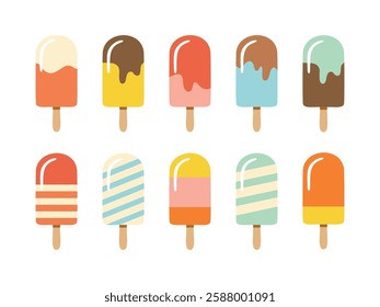 Set of bright popsicle ice creams isolated variety melting flat vectors