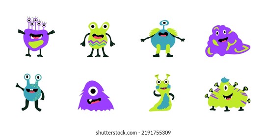 A set of bright, positive monsters. Cute cartoon aliens. Idea for children's textiles. Vector illustration of monsters in flat style.